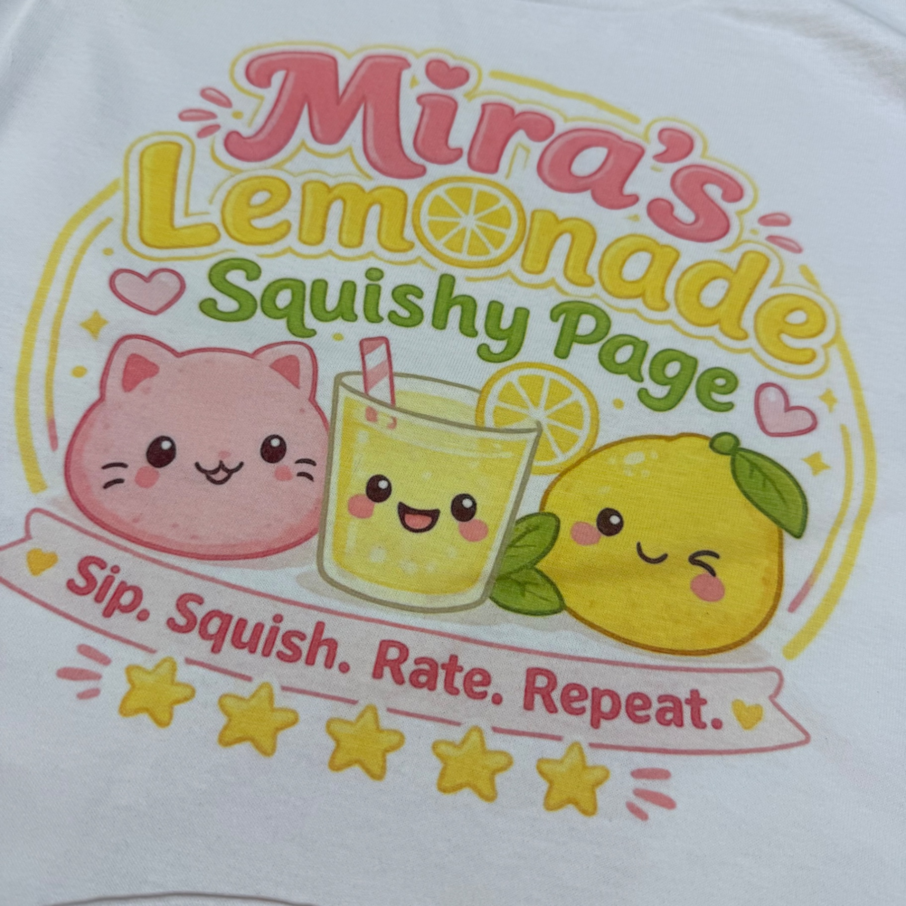 Close-up of the official Mira's Lemonade Squishy t-shirt logo featuring a pink kawaii cat squishy, a smiling lemonade cup, and a happy lemon character with the Sip. Squish. Rate. Repeat. tagline banner