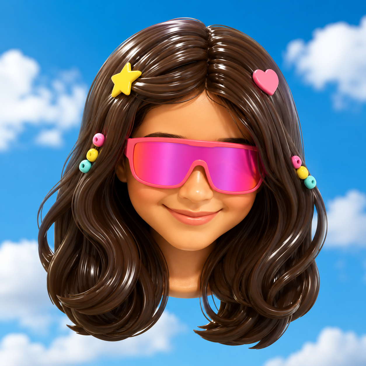 Stylized 3D avatar of Mira with long wavy brown hair, a bright pink visor sunglasses, a yellow star hair clip, a pink heart hair clip, and colorful pastel hair beads, smiling in front of a sunny blue sky with fluffy white clouds — the official Mira's Lemonade Squishy mascot avatar