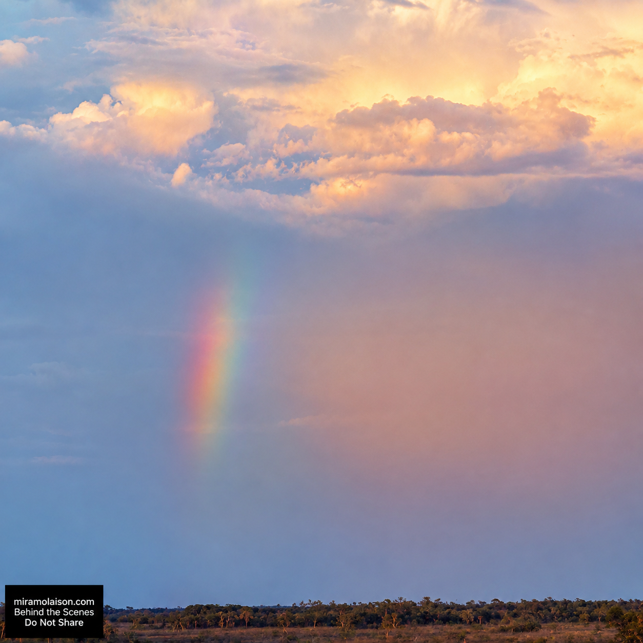 A soft pastel rainbow arcing through pink and blue sunset clouds over a distant tree line — a hopeful sky after the rain, captured on a Mira's Lemonade Squishy adventure