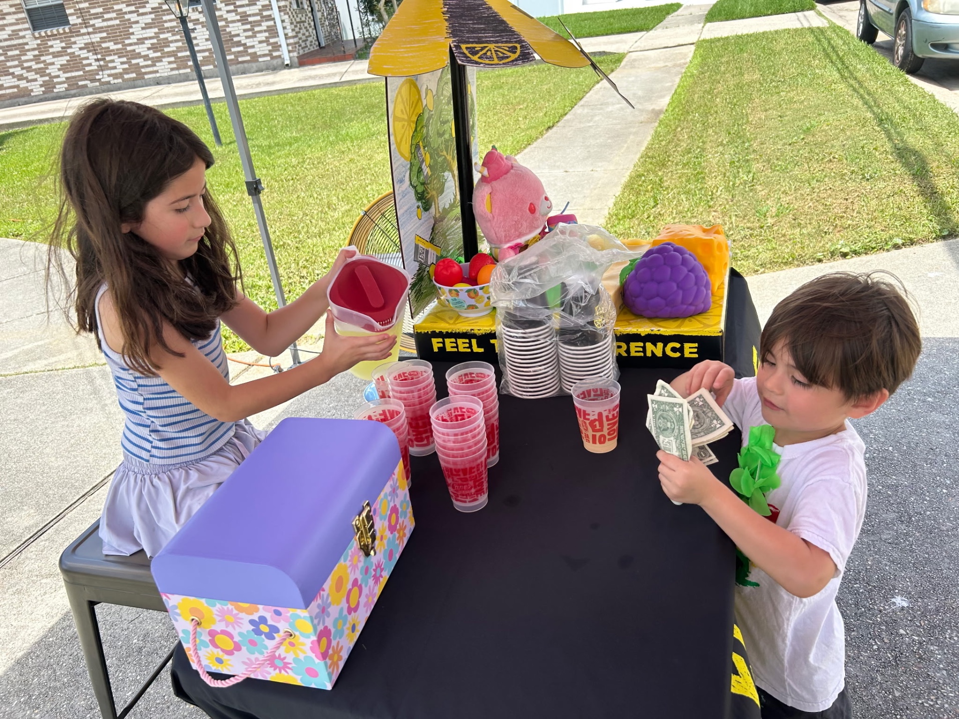 Mira pouring fresh lemonade from a pink pitcher into cups at her lemonade stand while her little cousin Avi hands over dollar bills — Mira's very first paying customer