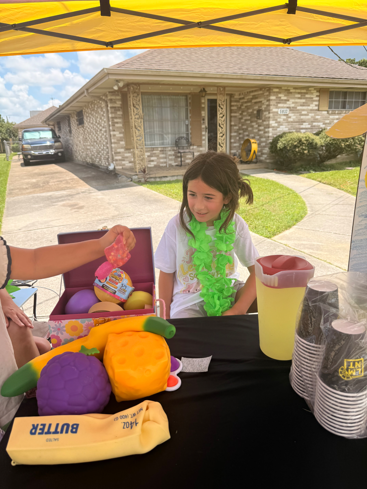 Mira at her lemonade stand with an open treasure box full of squishies — a purple grape squishy, orange cheese squishy, yellow butter squishy, and a Mystery Dumplings package on the table for customers to pick from